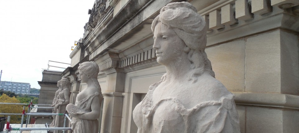 0.4 Marston Muses, 1906, Marston Engineering Hall, Iowa State University. Indiana Limestone figures after treatment.