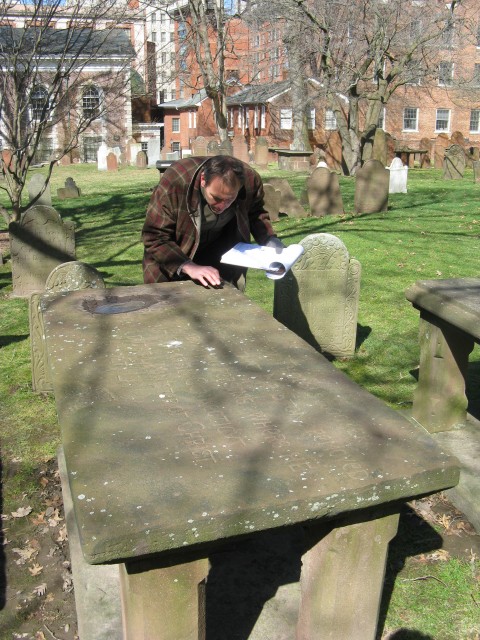 1.1.3 CT sandstone table gravemarker, 18th Century, Ancient Burying Ground, Hartford, CT.  Assessment and specifications.