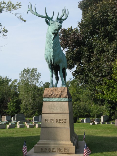 1.1.6 Elks Rest Memorial, Eugene Moraham, 1914,  Forest Lawn Cemetery, Buffalo, NY.  Overview of the bronze sculpture and granite.