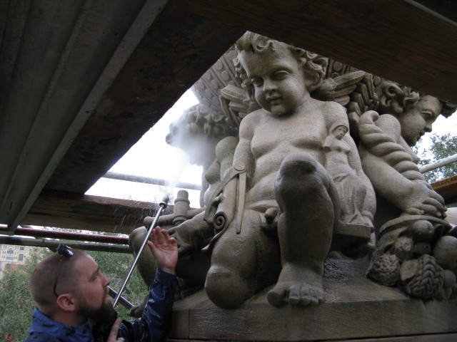 2.1.2 Gordon Monument, Van Brunt & Howe, 1883, Savannah, GA.  Gentle cleaning upper limestone ornamentation and putti.