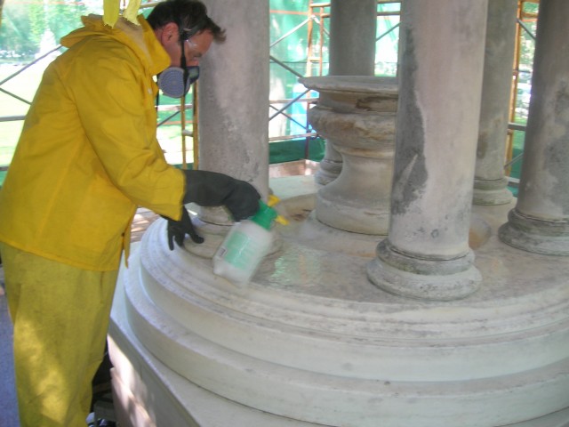2.1.8 Bennett Fountain, John Ferguson Weir, 1907, New Haven Green, CT.  Cleaning marble structure.