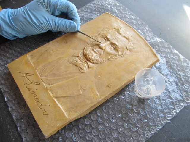 2.3.12 Abraham Lincoln, Petersen, Christian Petersen Museum, Iowa State University.  Filling small plaster losses.