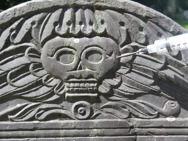2.3.6 Elizabeth Muzzy, 1722, Olde Burying Ground, Lexington, MA. Injecting thin slate delaminations.