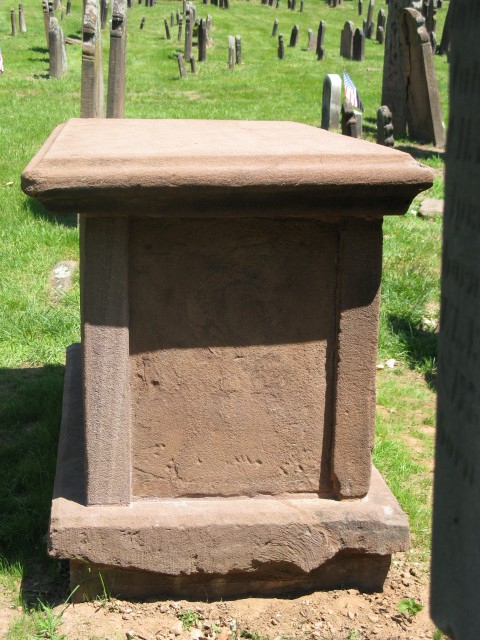 2.8.23 Rev. Chauncey Crypt, 1756, CT Valley Sandstone, Old Buying Ground, Durham, CT. View after stabilization