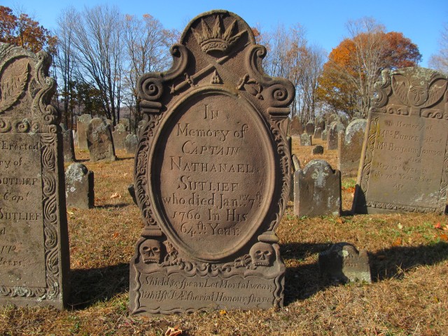 3.2.9 Capt. Nathanael Sutlief, 1760, Old Burying Ground, Durham, CT. View of treated CT Valley Sandstone Marker.