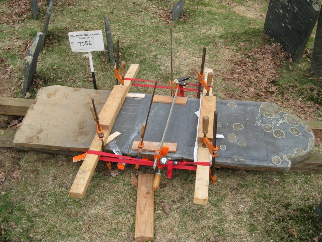 4.1.9 Harrington, 1795, Slate Headstone, Olde Burying Ground, Lexington, MA. Mending broken marker on site.