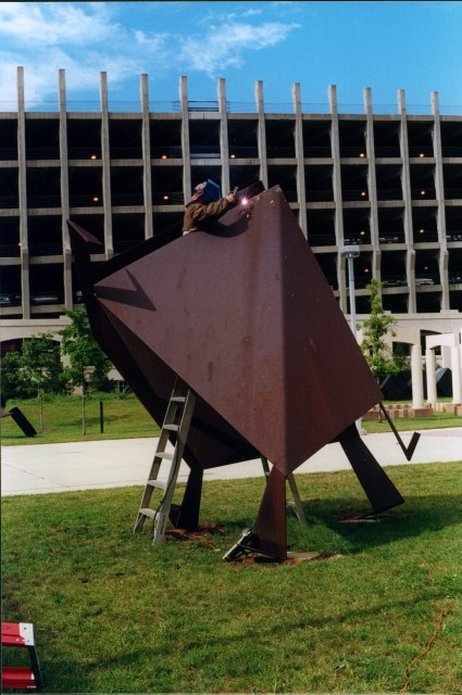 6.3.6 Kite, Jasha Green, 1977, Housatonic Museum of Art,  Bridgeport, CT. Overview of the Cor-ten sculpture repairing failed welds.