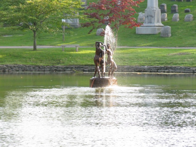 6.4.11 Three Graces, Charles Rumsey, 1987,  Forest Lawn Cemetery, Buffalo, NY.  Overview of  pond and fountain.