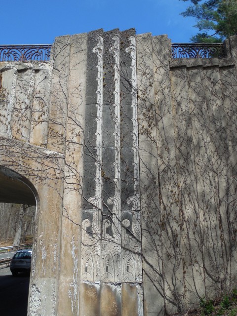 6.6.15  North Avenue Bridge, 1939, Merritt Parkway, CT. View of the cast stone ornamentation on historic bridge.