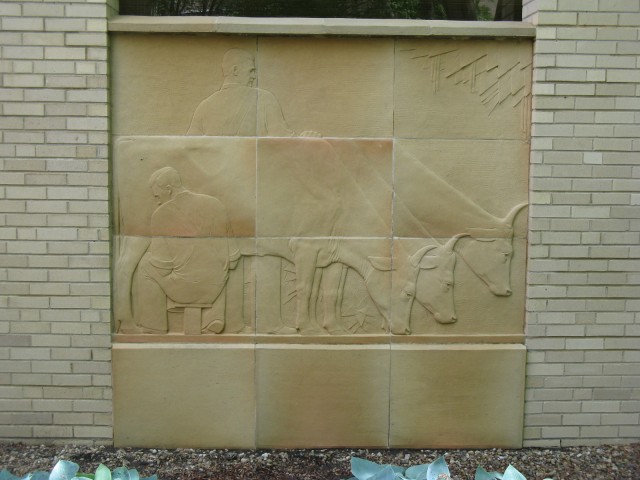 6.8.10  History of Dairying, Christian Petersen, 1936, University Museums, Iowa State University, Ames.  Terra cotta panel 1 after treatment.