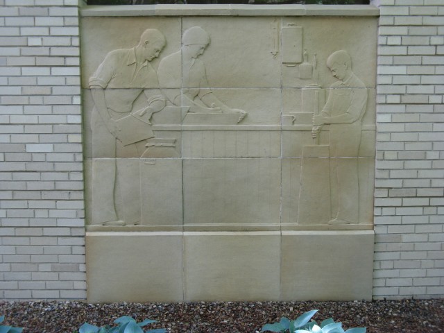 6.8.10.5 History of Dairying, Christain Petersen, 1936, University Museums, Iowa StateUniversity, Ames. Terra cotta panel 2 after  treatment.