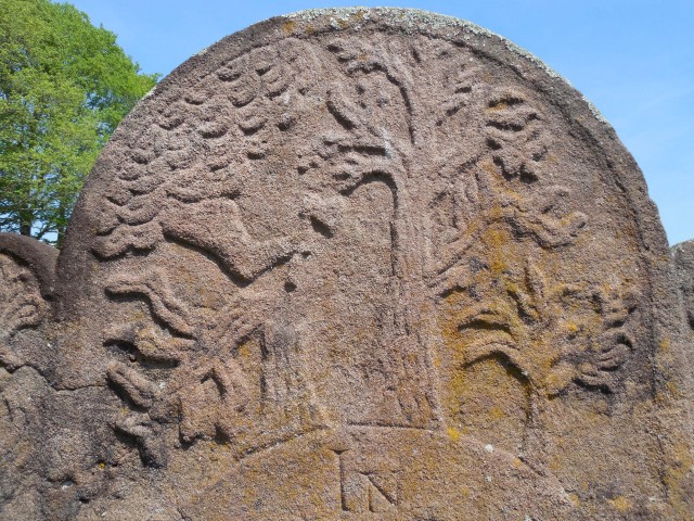 6.8.17 Elizabeth Norton, 1756, Old Durham Cemetery, Durham, CT. Detail of unique CT Valley Sandstone carving during assessment.