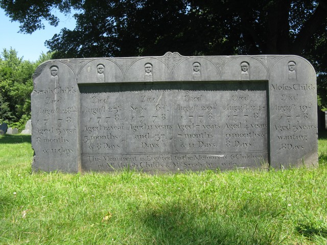 6.8.21 Childs Monument, 1778, Olde Burying Ground, Lexington, MA.  Colonial slate to six siblings taken by epidemic, after treatment.