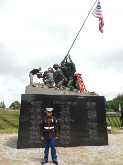 9.5.14  National Iwo Jima Memorial, Petrovics, 1995, New Britain, CT. Marine visits memorial.