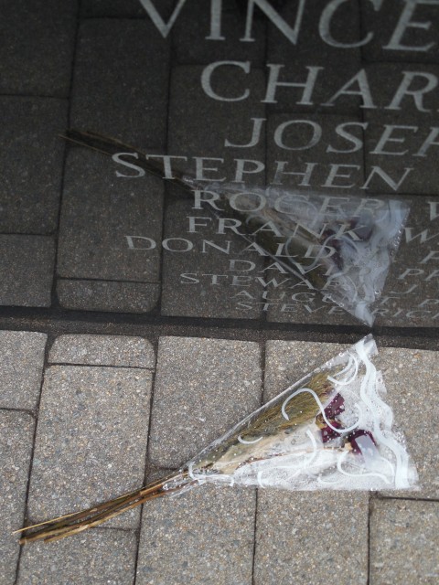 9.5.18  National Iwo Jima Memorial, Petrovics, 1995, New Britain, CT. Flowers left at honor roll.