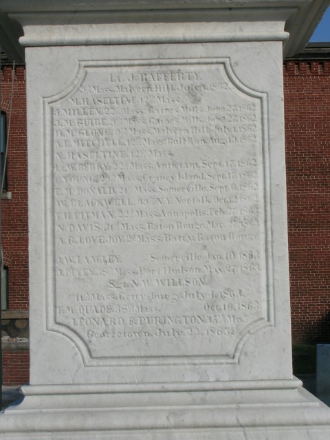 Civil War Soldiers Monument, 1863, Milk Row Cemetery, Somerville, MA.  Original honor roll when erected.