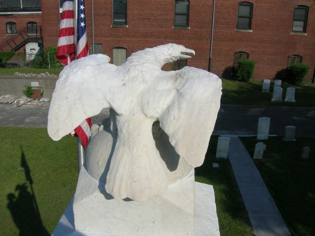 Civil War Soldiers Monument, 1863, Milk Row Cemetery, Somerville, MA.  Overview of marble eagle.
